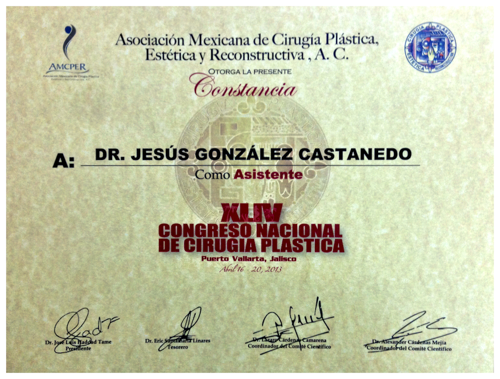 Constancia del Congreso Nacional de Cirugía Plástica 2013